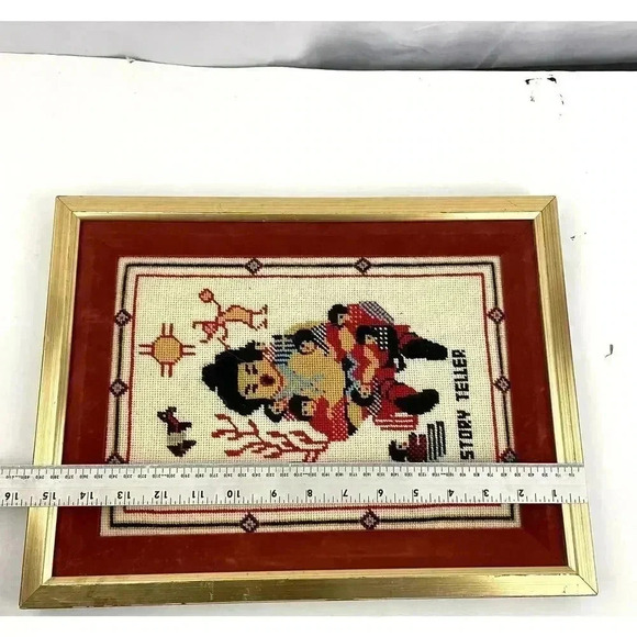 VTG 80's Storyteller Southwestern Crewel Embroidered Framed Wall Art 12"x 15.5" - Picture 5 of 11